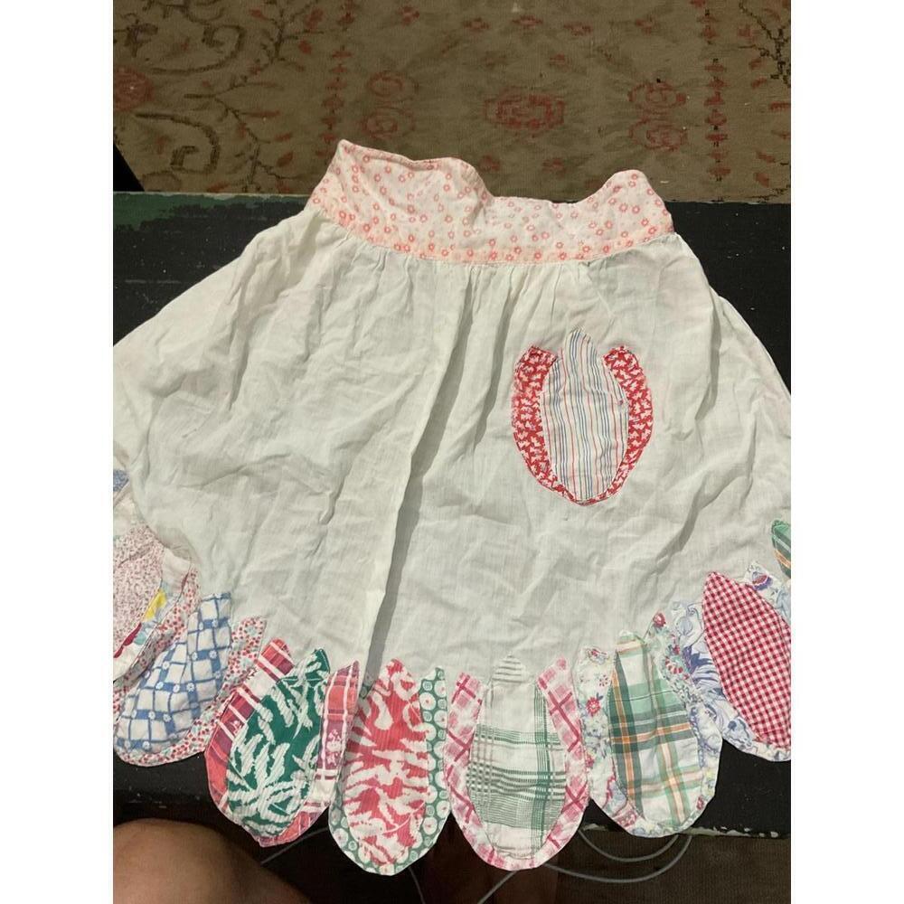 Vintage White Cotton Patchwork Apron with Multicolor Patchwork Detail